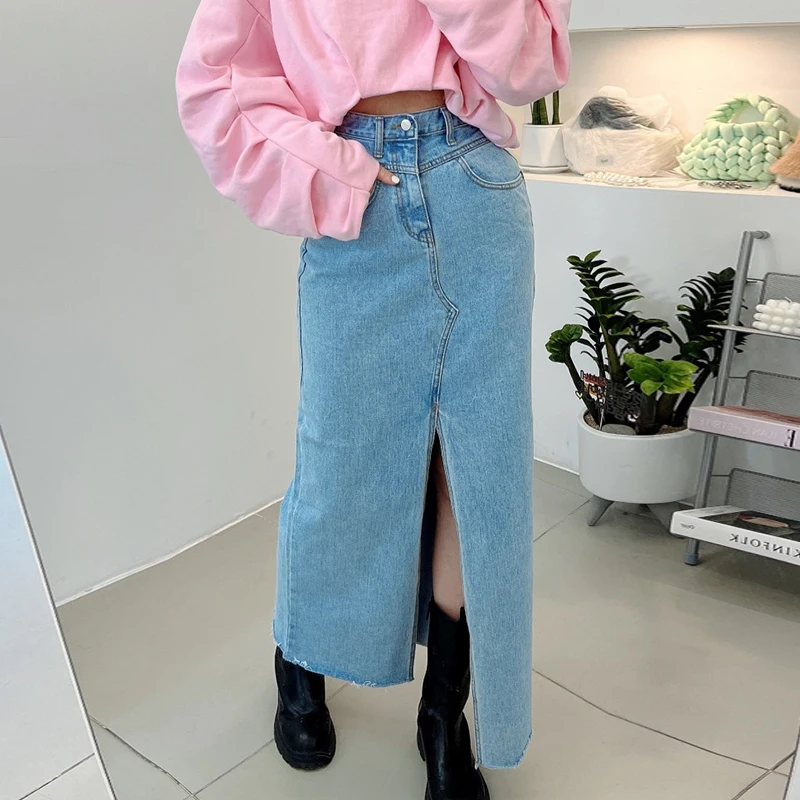 

High Waist Chic Vintage Women's Denim Skirt with Slit And Frayed Hemline for Young Girls Summer Commute Pure Color