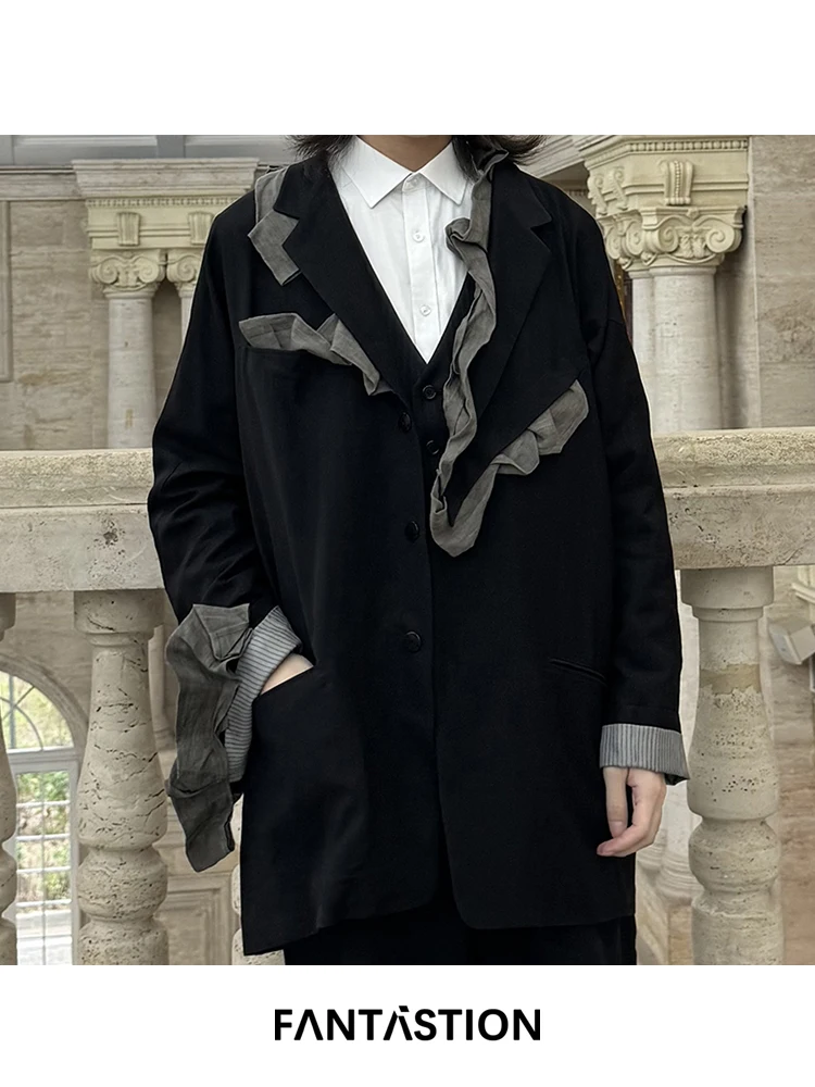 FANTASTION Original design Gray Folds Cloth Splicing Suit coat Casual blazers tassel embroidery loose suit jackets tops