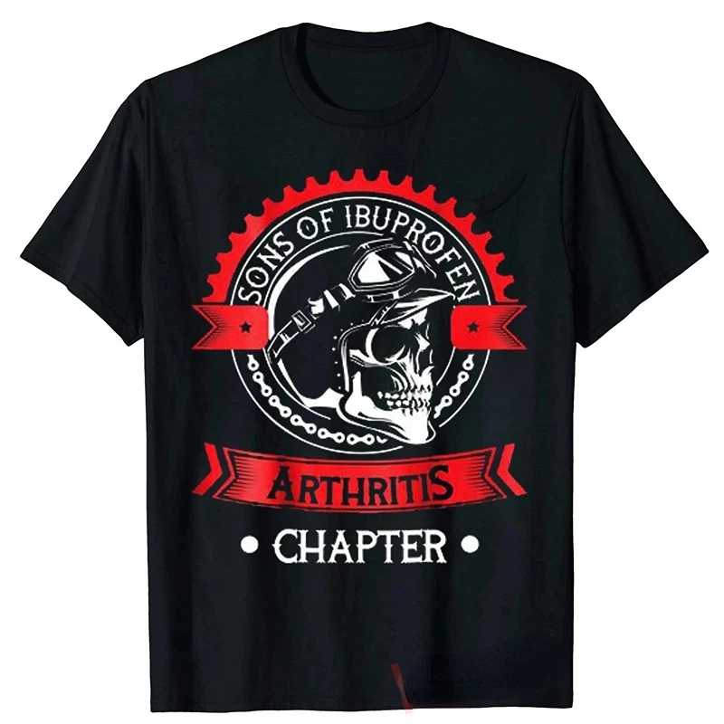 Sons with Arthritis Ibuprofen Chapter Funny Biker Skull T Shirt Black Vintage Mens Graphic Shirts Gothic Ropa Hombre Streetwear