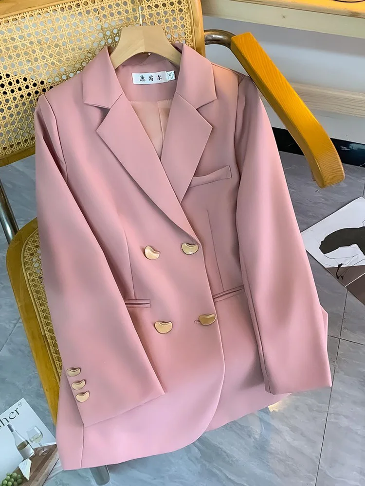 Women Elegant Pink Blazer Fashion Casual Long Sleeve Slim Sweet Suit Coat Korean Spring All Match Female Chic Double Buttons Top