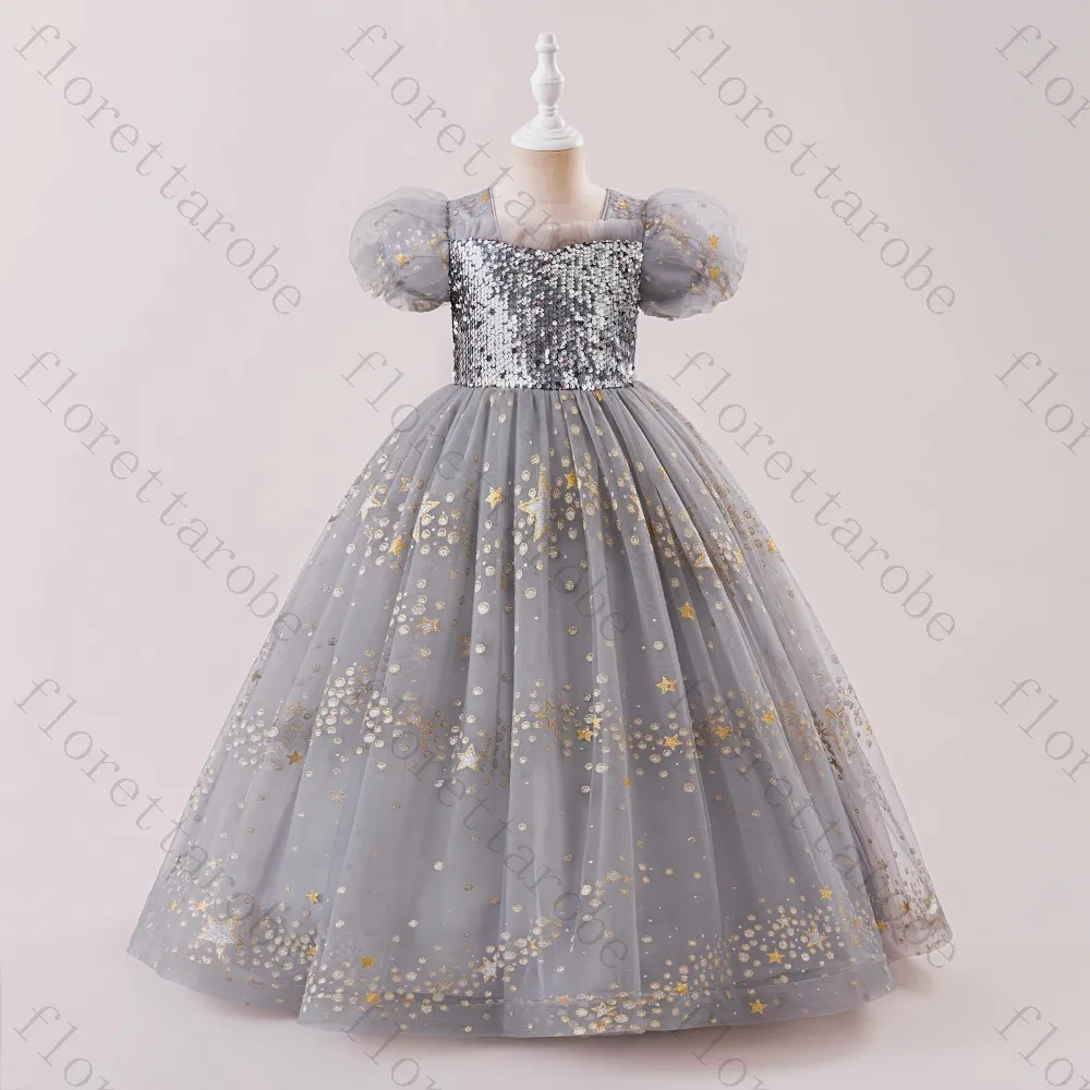Customized Grey Flower Girl Dress Ball Gown Long Square Neck Puff Sleeve Sequin Tulle Star Print Kids Party Princess Gown