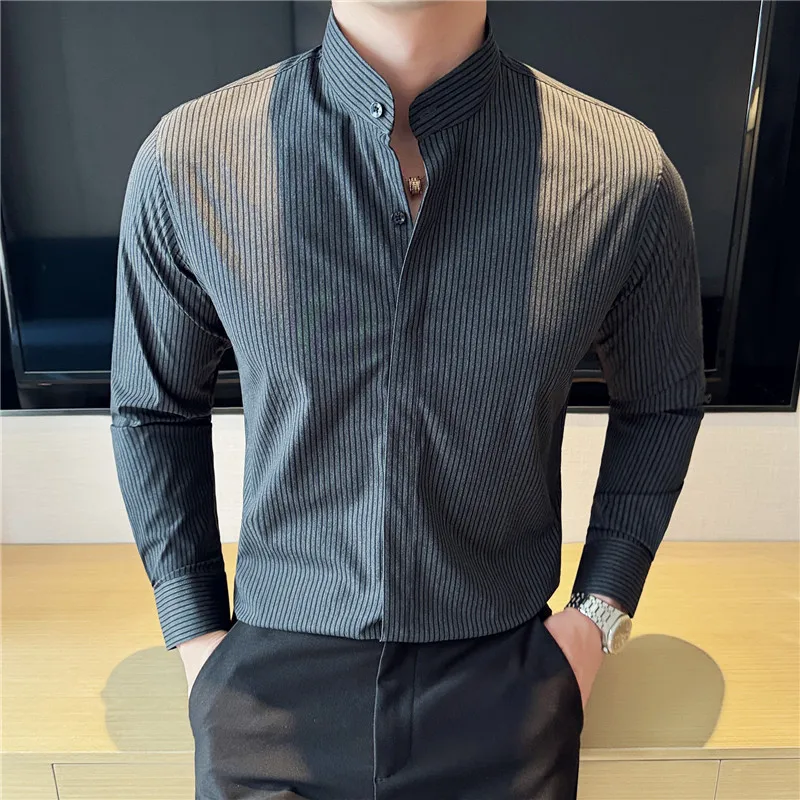 Men's Striped Shirt New Chinese Style Stand Collar Long Sleeve Shirt Non-iron Shirt Trendy Green Tops Luxury Men Clothing 2025