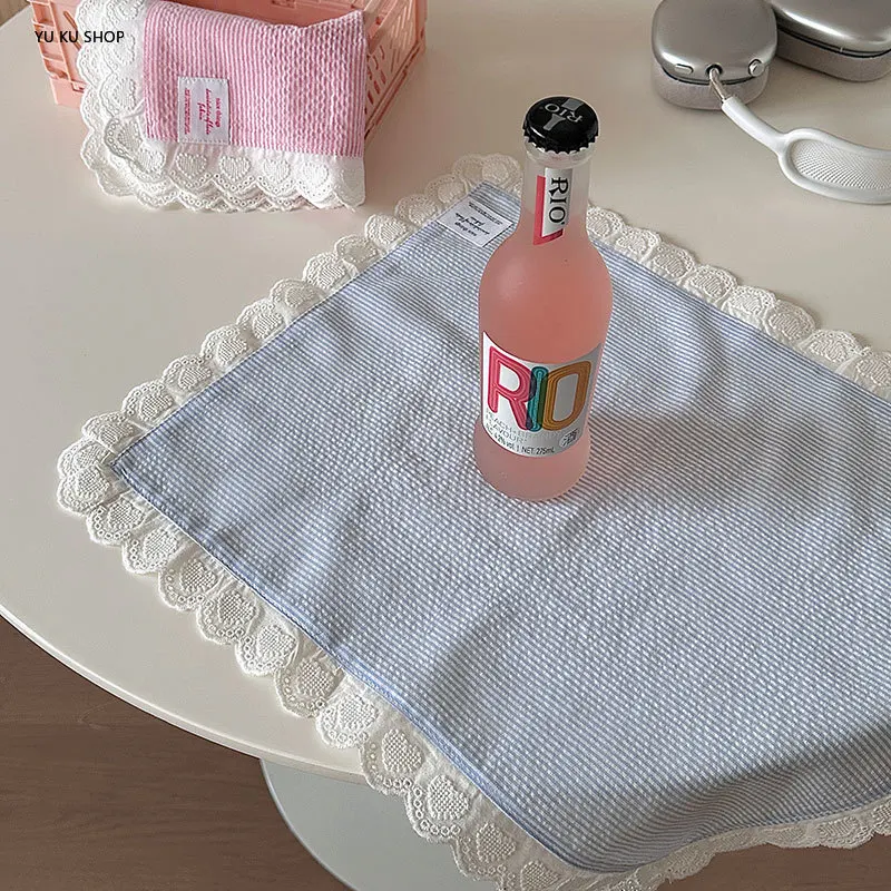 

Korean Fabric Placemat Dining Table Pinstripe Insulation Mat Lace Napkin Photo Background Cloth Table Decoration Accessories