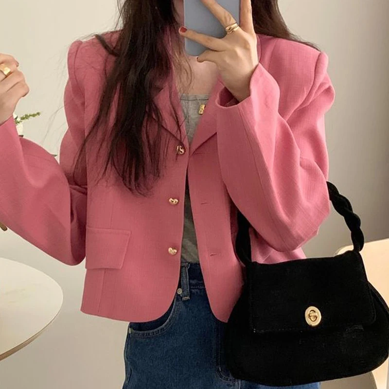 

Chic Sweet Spring ort Svel Jaet Metal Button Long Sve Turn-down Collar Versatile Loose Fit Women's Suit Coat