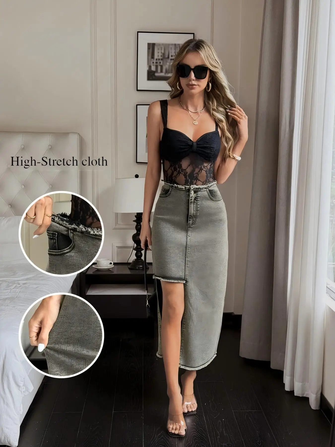 Trendiger Damen-Jeansrock in Übergröße, hohe Taille, unregelmäßiger Schlitz, Jeansrock, modische Damen-Tageskleidung in Übergröße