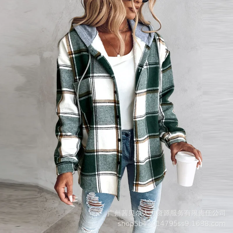 2024 Summer New Women\'s Mid-Length Plaid Hooded Jacket Casual Fashion Shirts Long Sleeve Shacket