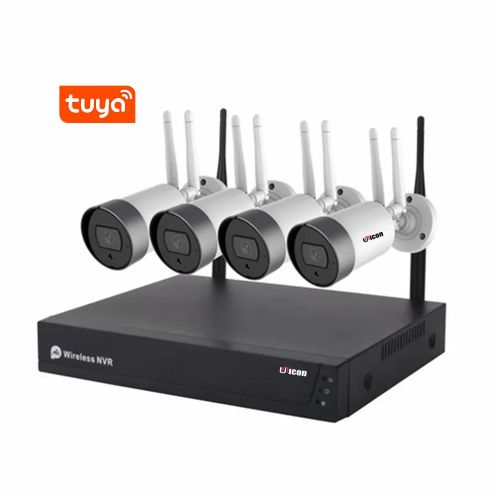 Sistem CCTV H.265 3MP Keamanan Rumah Luar Ruangan Nirkabel 4CH Tuya WiFi Nvr Kit Dengan LCD 10 inci