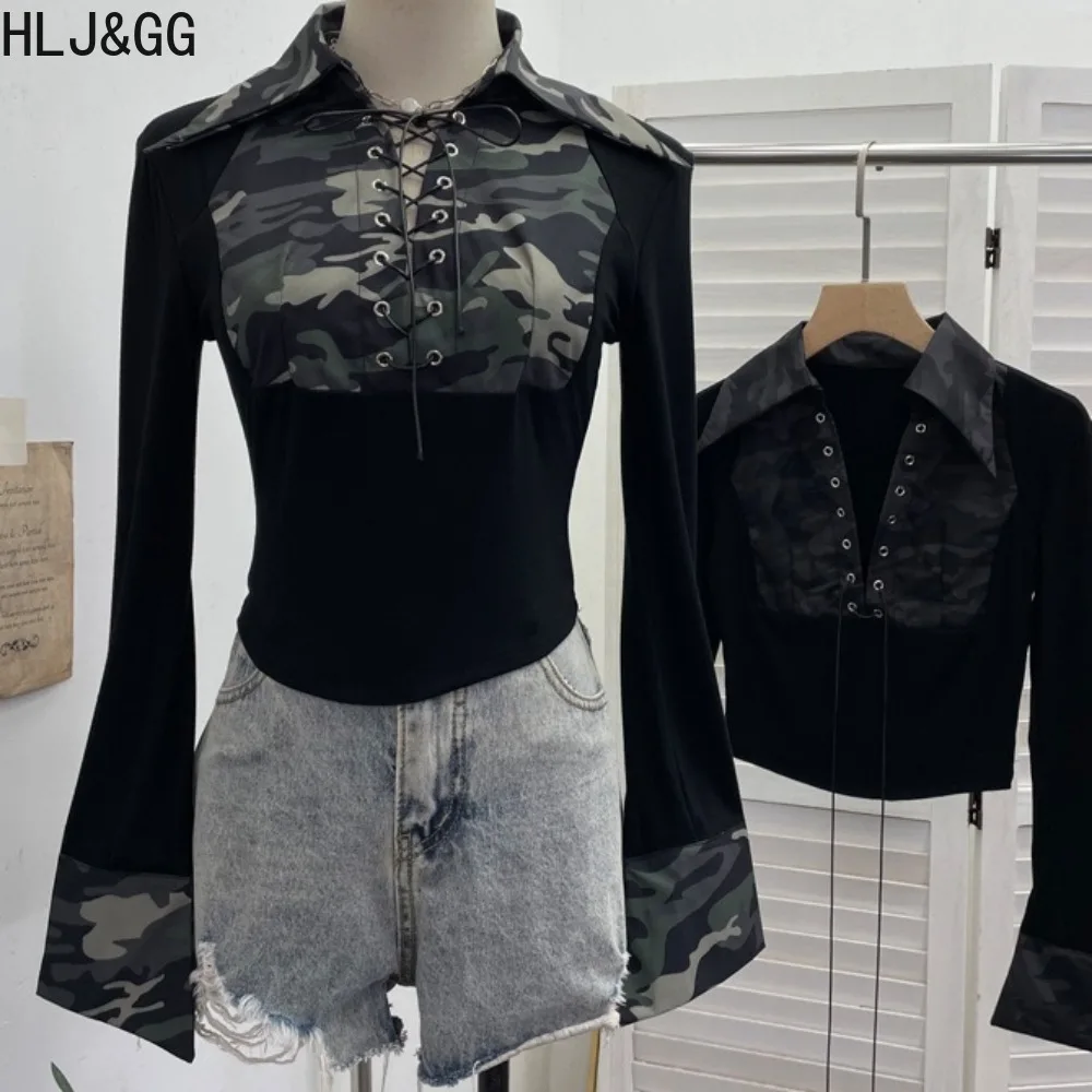 

HLJ&GG Y2k Fashion Camouflage Bandage Patchwork Bodycon T-shirt for Women Irregular Long Sleeve Tshirt Female Streetwear New