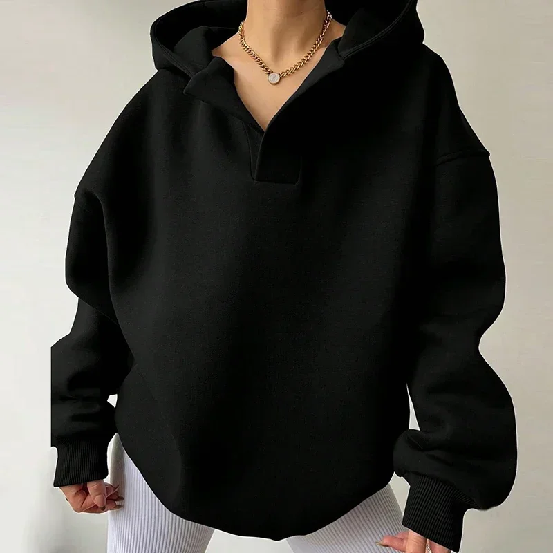 Women Fashion Long Sleeve V-Neck Hoodie Pullover Autumn Casual Solid Color Sweatshirt Lady 2024 Winter Loose Hooded Sweatshirt