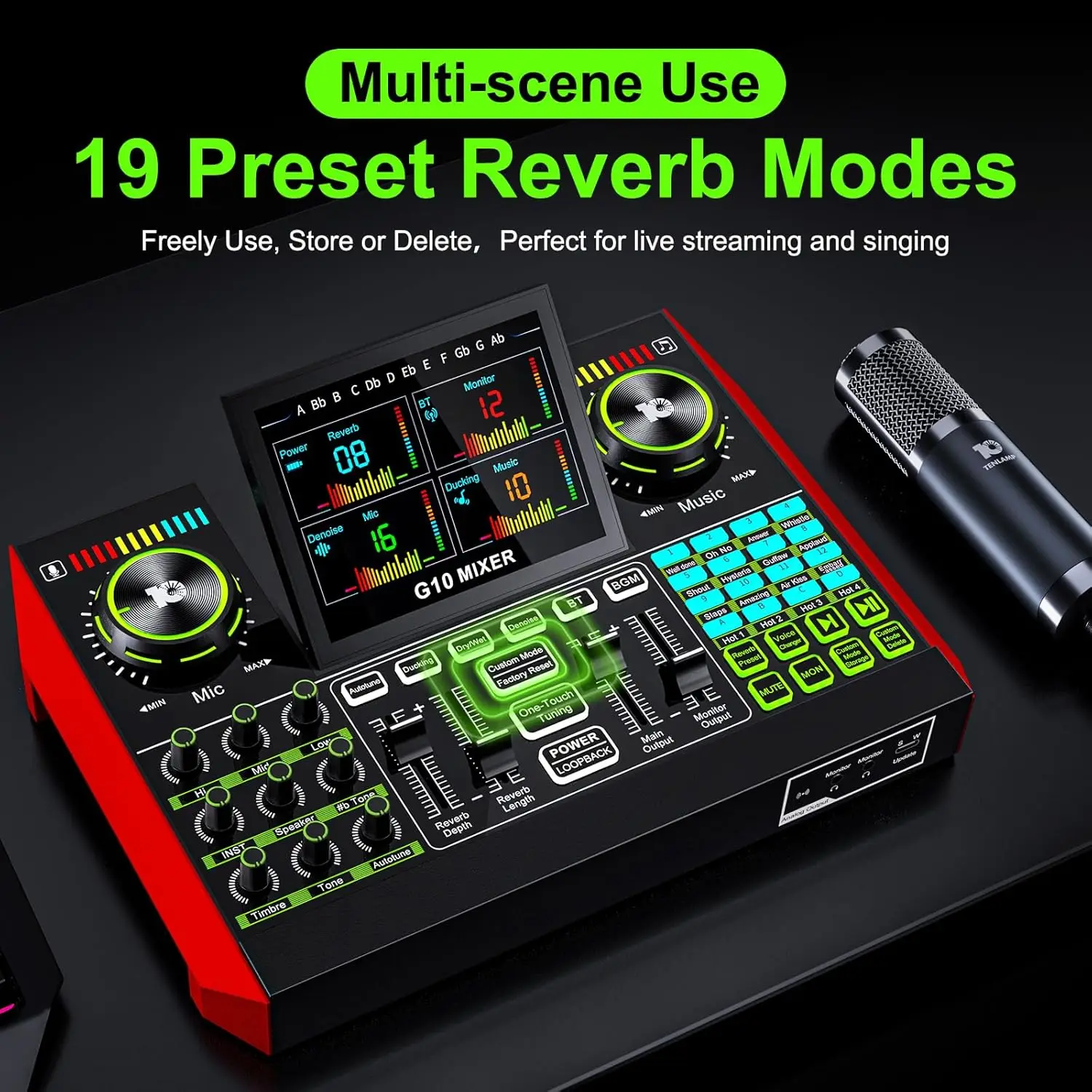 Tenlamp G10 Live Streaming Audio Interface Gaming Audio Mixer, Podcast Equipment with 3.5mm Condenser Mic,Sound Card for PC/Phone Podcast Recording, Voice Changer, Denoise,Phantom Power,Reverb，Music Power Conditioner Karaoke Machine view 6