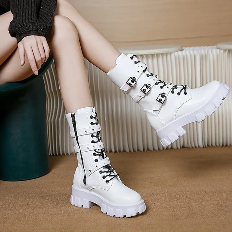 Women's Platform Mid Calf Combat Boots 2026 Punk Style Buckle Strap Lace Up Chunky Heel Motorcycle Boots For Ladies