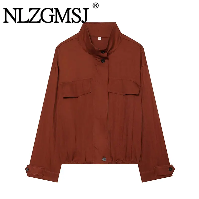 Nlzgmsj 2026 Autumn Women Stand Collar Jacket Loose Drop Shoulder Button Up Coat Chest Flap Pockets Elastic Hem Casual Outerwear