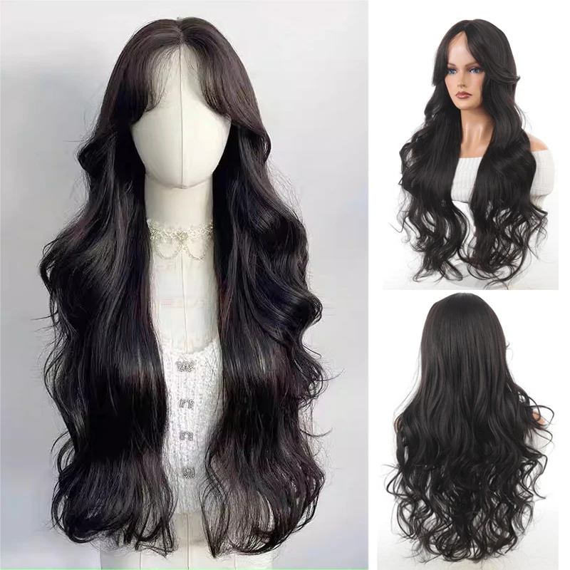 

A black long curly hair figure-eight bangs full-length Korean-style women's wig