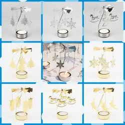 Metal Metal Rotating Tea Light Holder Gold Silver Hollow Christmas Rotating Candle Holder Angel Carousel Pattern