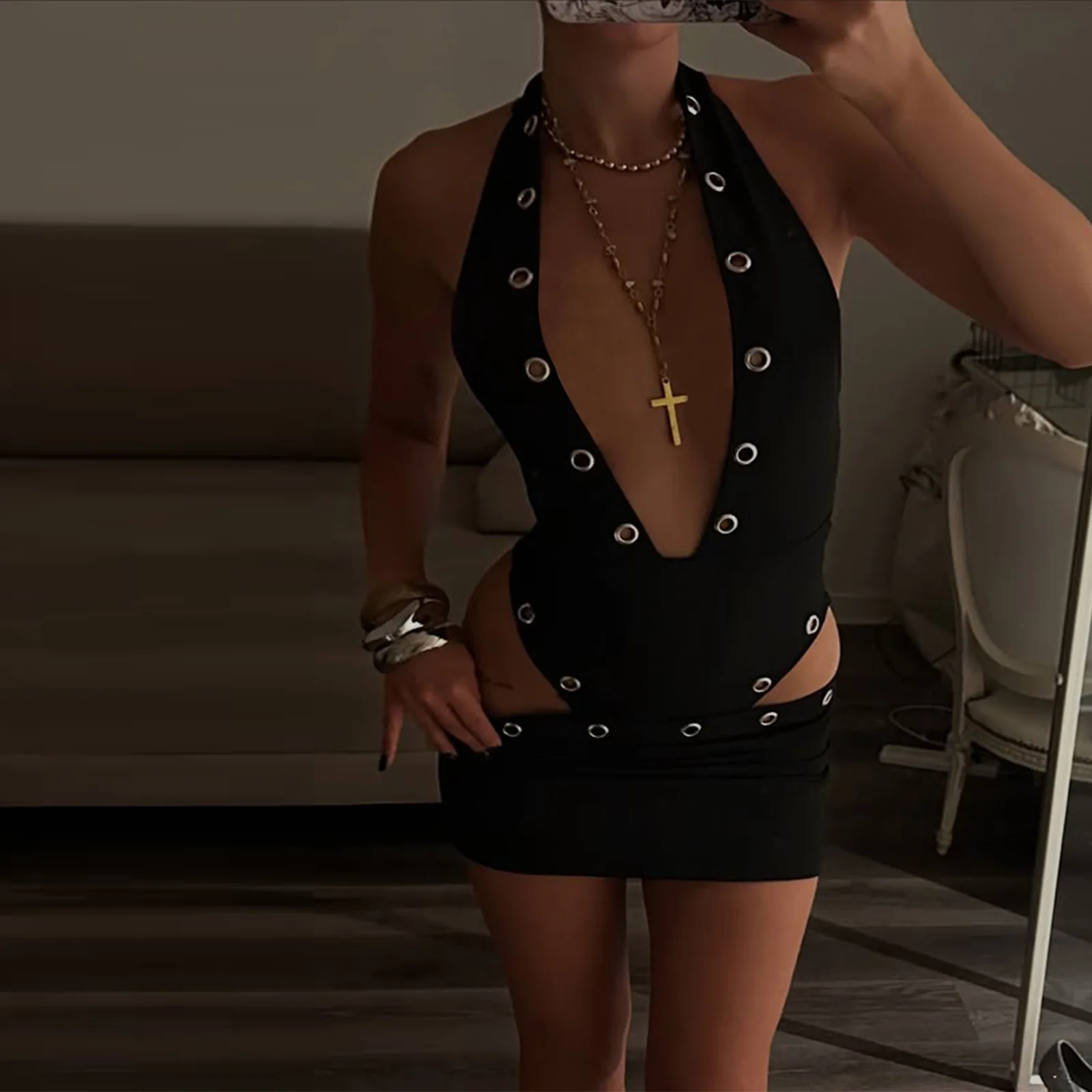 

Fall European and American Women's Clothing New Sexy Deep V-neck Hollow Design Hot Girl Halter Top Hip Skirt Outfit Women Y2K st