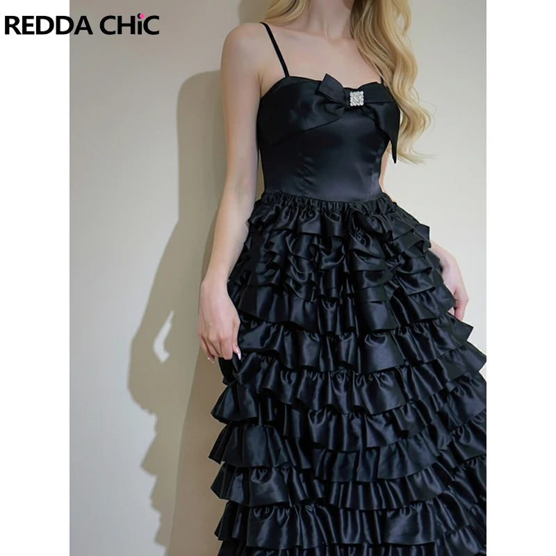 

REDDACHiC черное вечернее платье с тортом, атласный корсет с бантом, многослойное платье на тонких бретельках с рюшами, длинное платье макси, вечерние женская одежда принцессы
