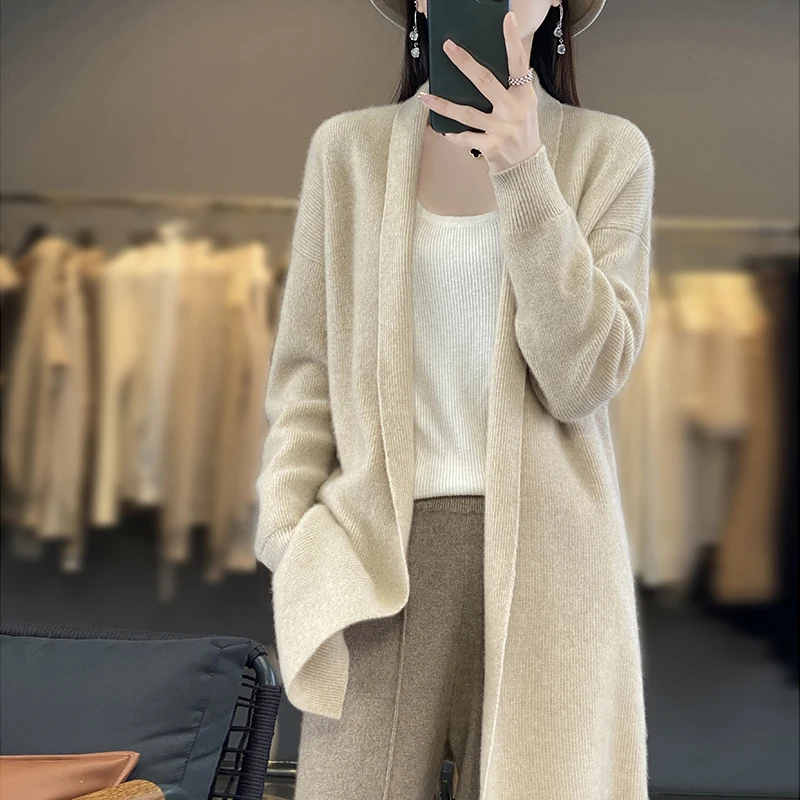 가을 여성용 가디건 100% 메리노 울 라펠 코트 솔리드 컬러 니트 롱 가디건 루즈핏 여성 의류 한국 스타일 코트