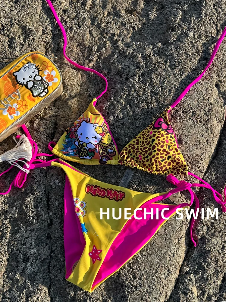 

Kawaii Japanese Hello Kittys Hot Girl Split Strap Summer Women's Bikini Seaside Fashion Resort Swimsuit Leopard Print Cartoon
