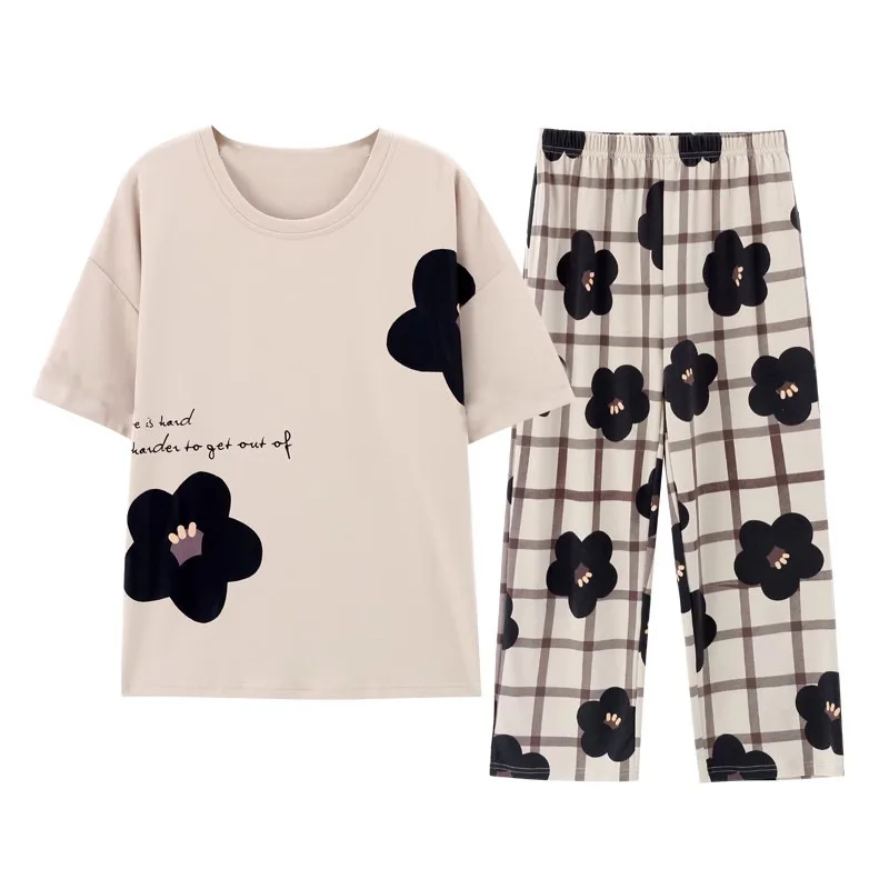 New Women's Short-Sleeve Long-Pant Pajamas Girls Casual Homewear Adult Loose-Fit Wearable Pajamas Student Set with Chest Pads