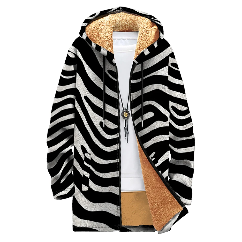 الحيوان الفني زيبرا شريط مطبوعة الرجال سترة معاطف طويلة سترة الصوف أفخم سترة سميكة ملابس خارجية دافئة حجم كبير الملابس #4