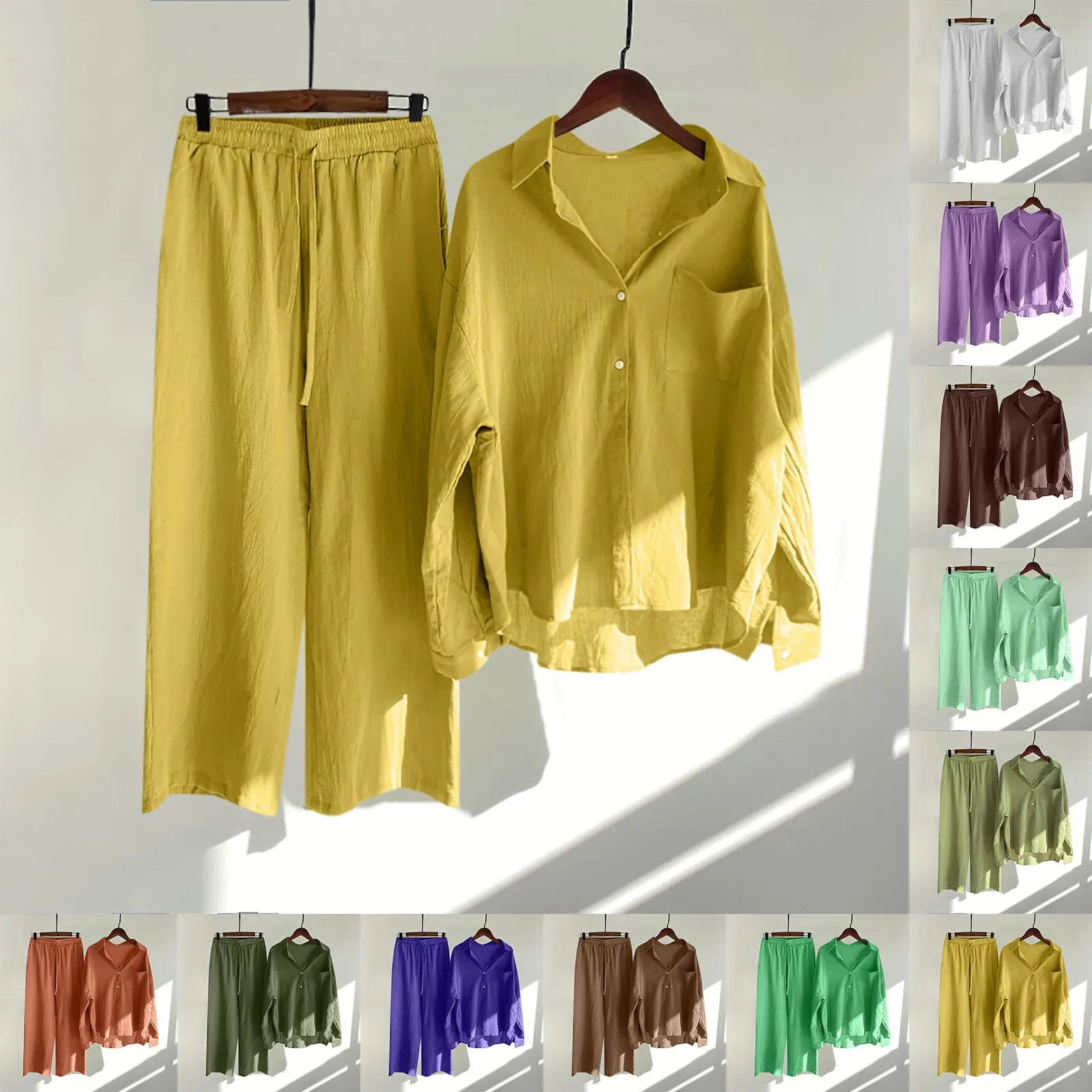 

Women Cotton Linen Shirts And Pants Set Plus Size Solid Retro Button Shirt High Waist Casual Loose Pocket Long Trousers Suit