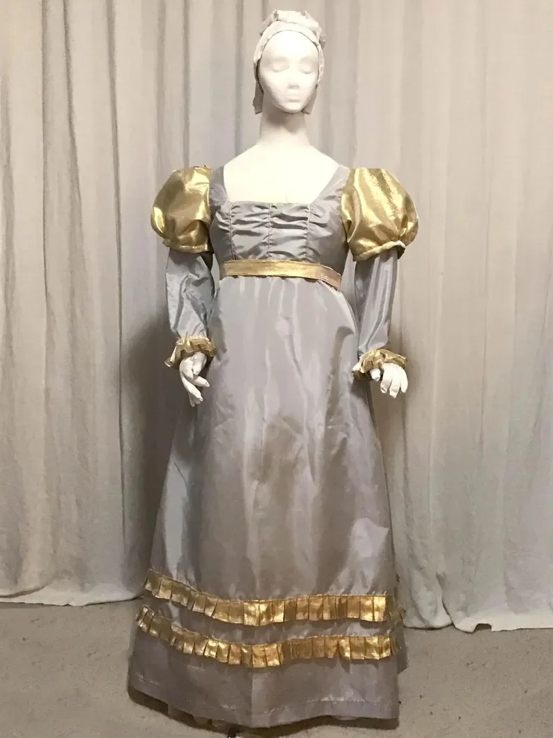 리젠시 데이 드레스 여성용 영국풍 퍼프 롱 슬리브 볼 가운 중세 제인 오스틴 하이 웨이스트 티 파티 워킹 드레스