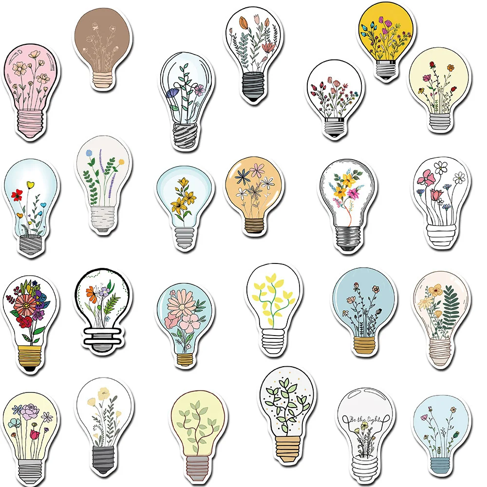 10/30/50pcs Dessin Animé Ampoule Art Fleurs Autocollants Esthétique Graffiti Scrapbook Ordinateur Portable Guitare Téléphone Mignon Décoration Autocollant Jouet