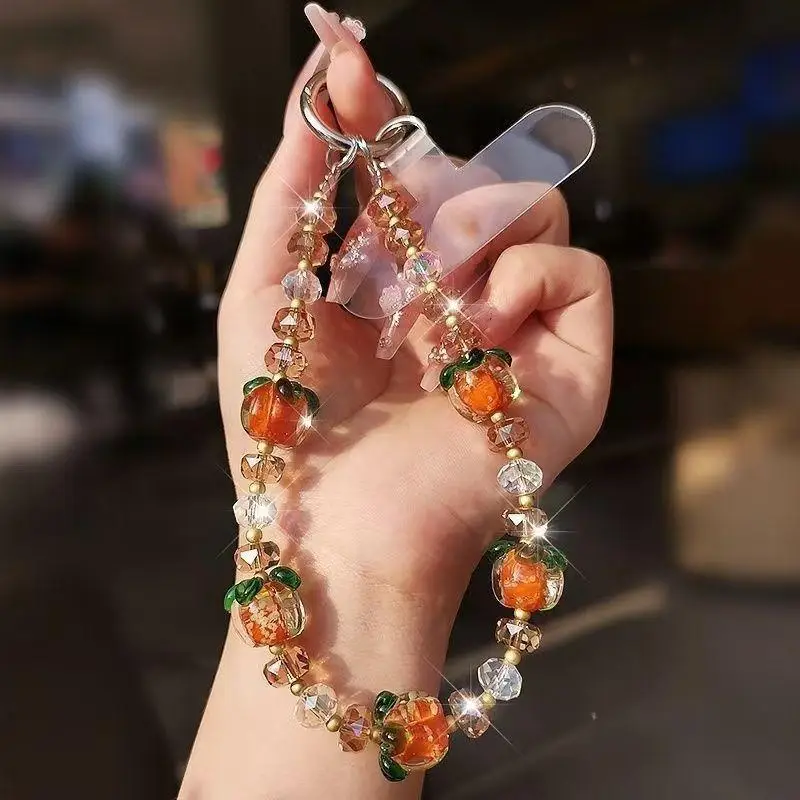 Luminous Crystal Persimmon Phone Charm Bag Key Pendant Elegant Hanging Rope for Handbags Backpacks