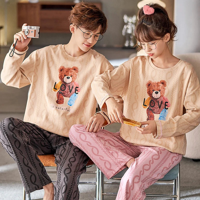 Pigiama da coppia lungo in cotone coreano vestito da cartone animato stampa Casual indumenti da notte quotidiani primavera donna Set da 2 pezzi pigiama da uomo per la casa