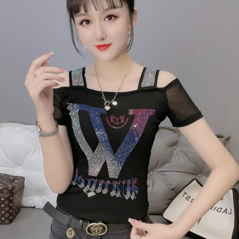 #5128 Black Blue Red Off Shoulder T Shirt For Women Sexy Clothes Slash Neck Streetwear Tshirt Slim Tee Shirt Women's T Shirt