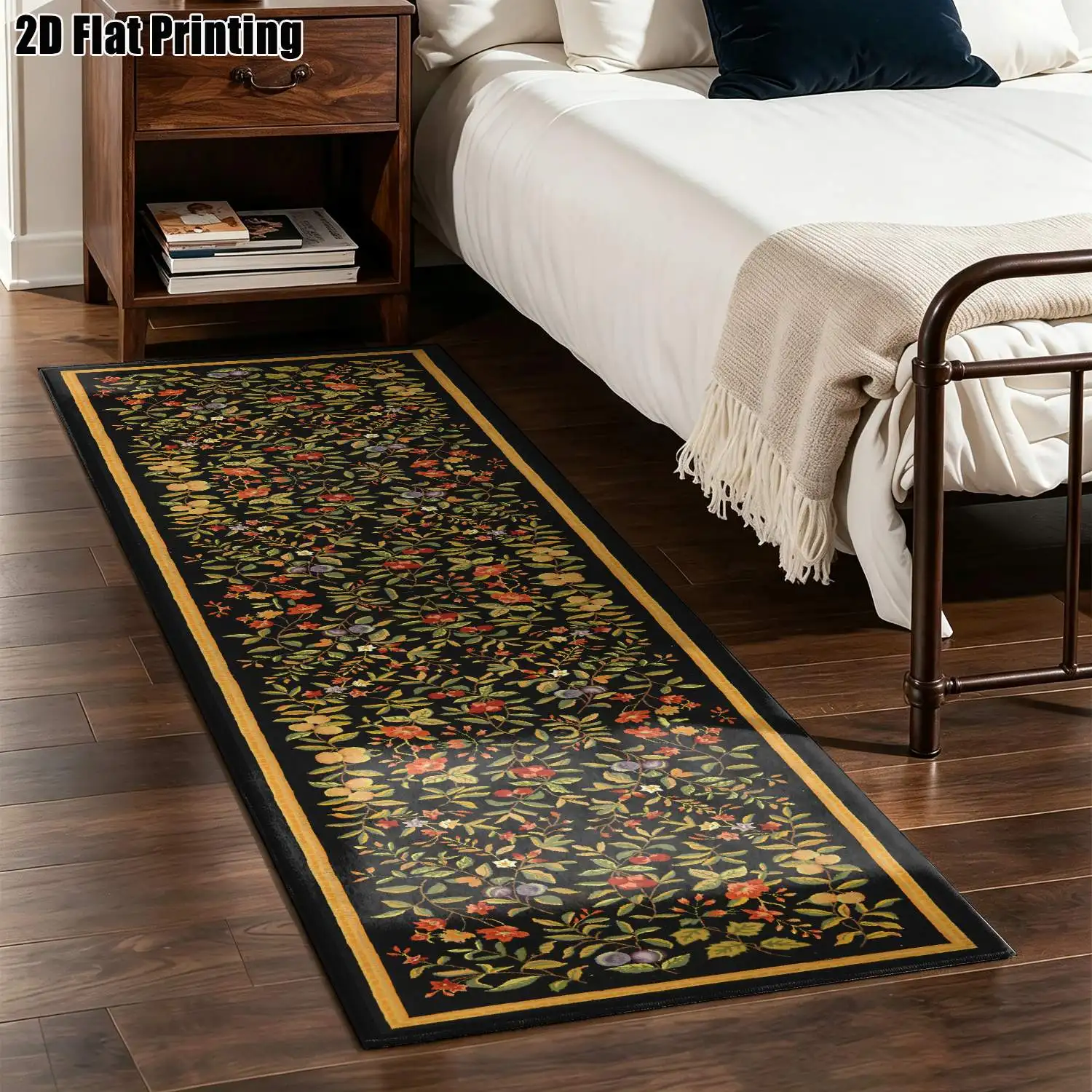 1Pc 2D Printed Long Strip Rug: Retro Black-Base Flower Cluster Pattern, European/Bohemian/Geometric Floral Style, Home Decor, Multiple Sizes, Machine Washable, Ideal for Entryway, Hallway, Living Room, Bedroom