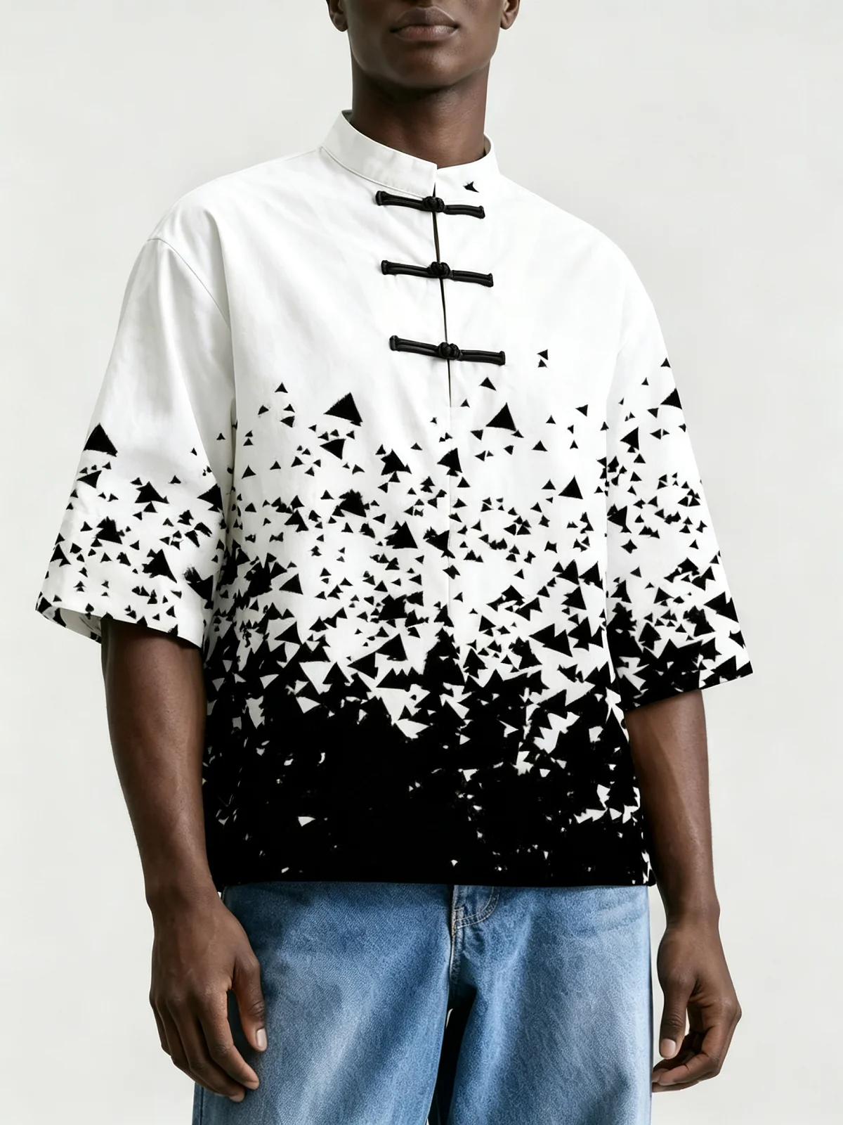 Men Chinese Style Frog Button Stand Collar Shirt, Loose Short Sleeve Triangle Floral Coconut Tree Print Casual Summer Blouse