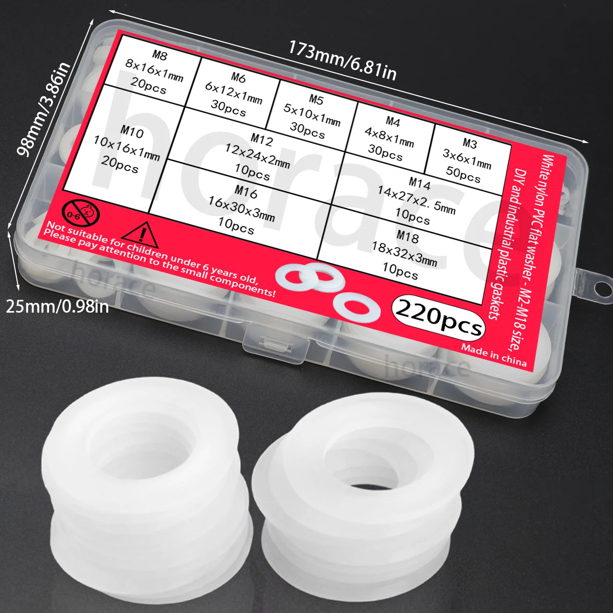 220-teiliges flaches Unterlegscheiben-Set aus weißem Nylon: Größen M2-M18, Kunststoff-Nylon-Unterlegscheiben, flache Unterlegscheiben aus Kunststoff, O-Ringe. – Detail 4
