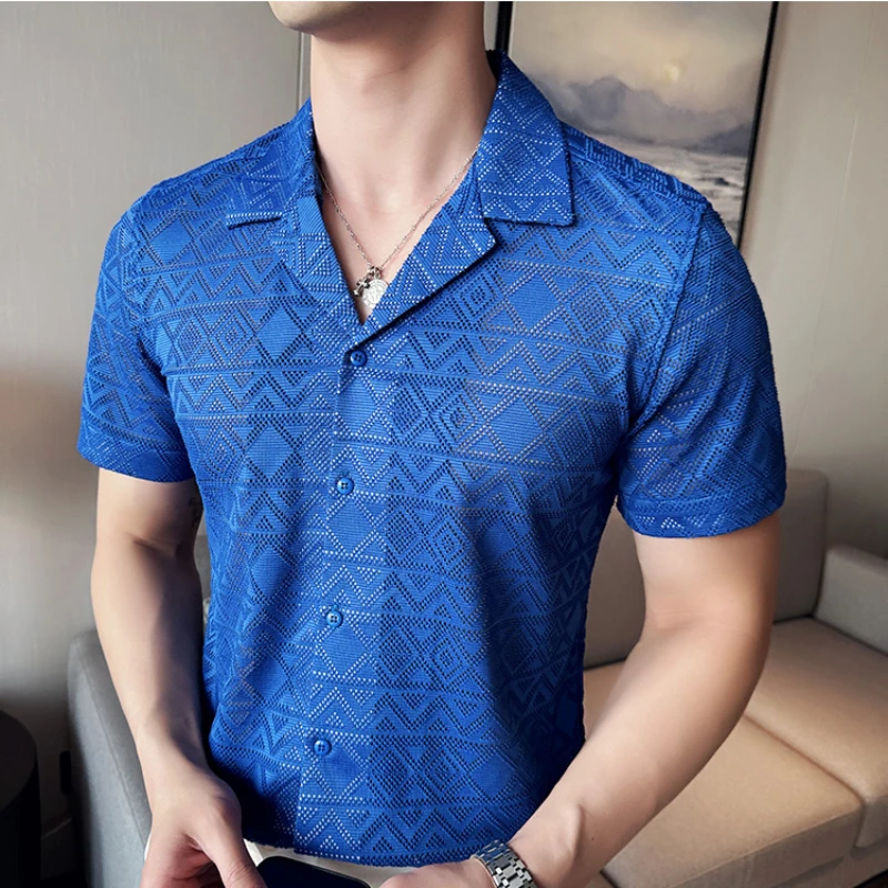 Men\'s Short-sleeved Cut-out Lace Shirts/Male Slim Fit Fashion Solid Color Shirt with Lapel Business Shirts 4XL-M