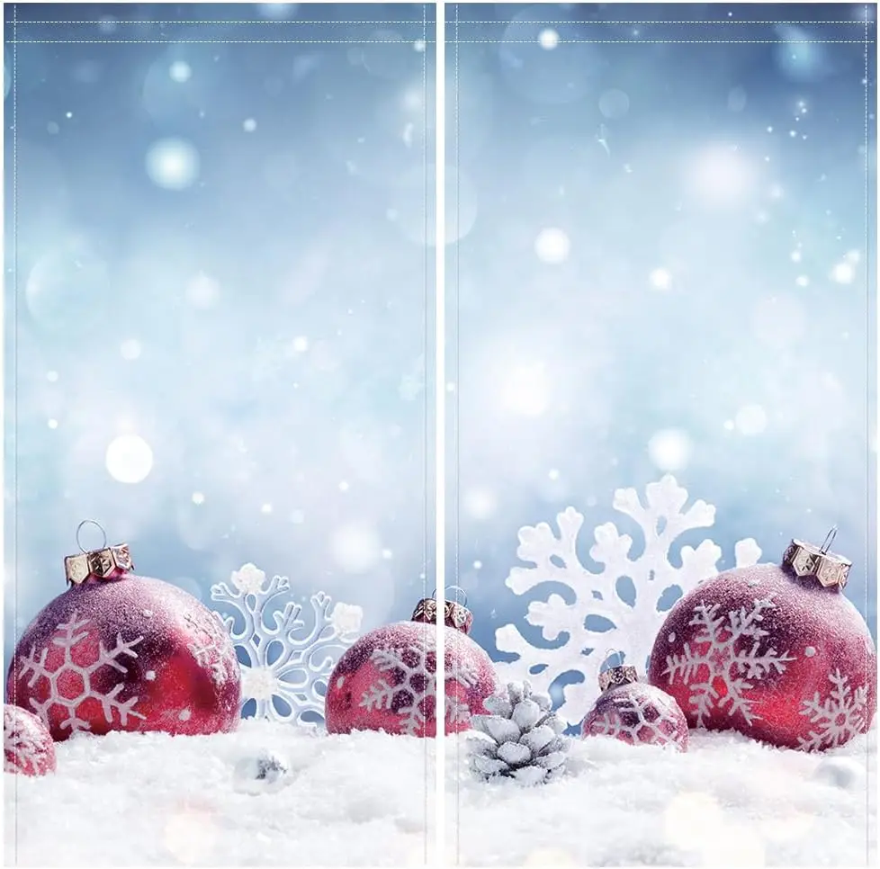 Christmas Snow Scene Large Snowflakes Xmas Balls Window Curtain Pinecone Snow Field Happy New Year Bedroom Decoration Drapes