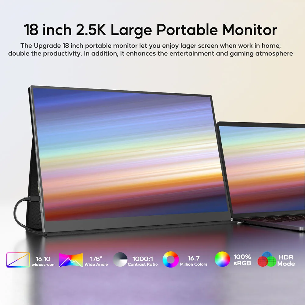 18 Inch 2.5K Portable Monitor 200Hz QHD 2560×1600 16:10 HDR 350Nits VESA External Gaming Screen for Laptop Phone PC