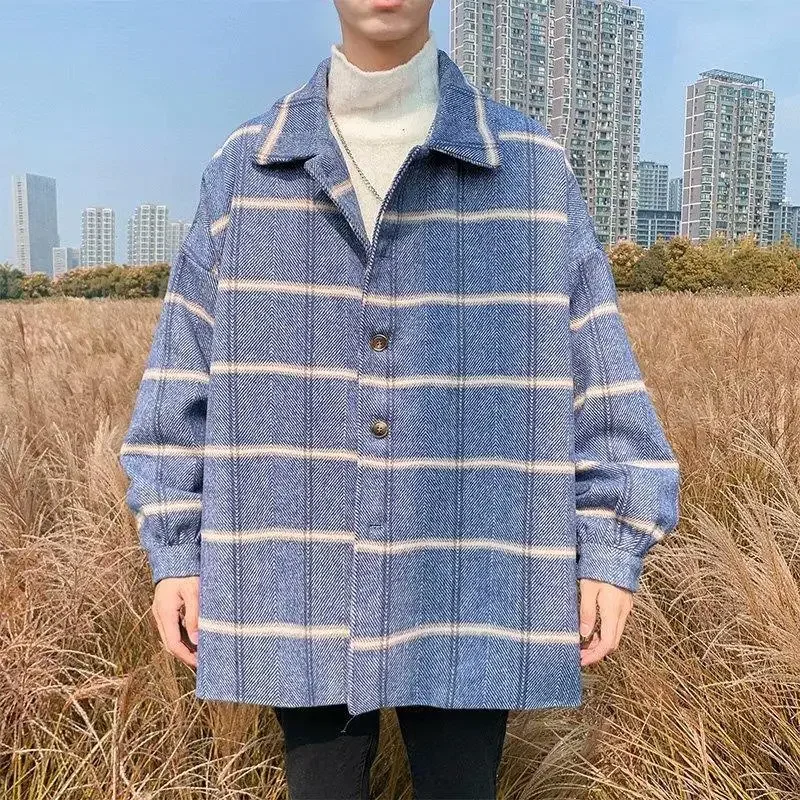 

​2025 New Men's Korean Winter Coat Wool Checkered Blazer with Lapel Loose Youth Coat for School Casual Wear​