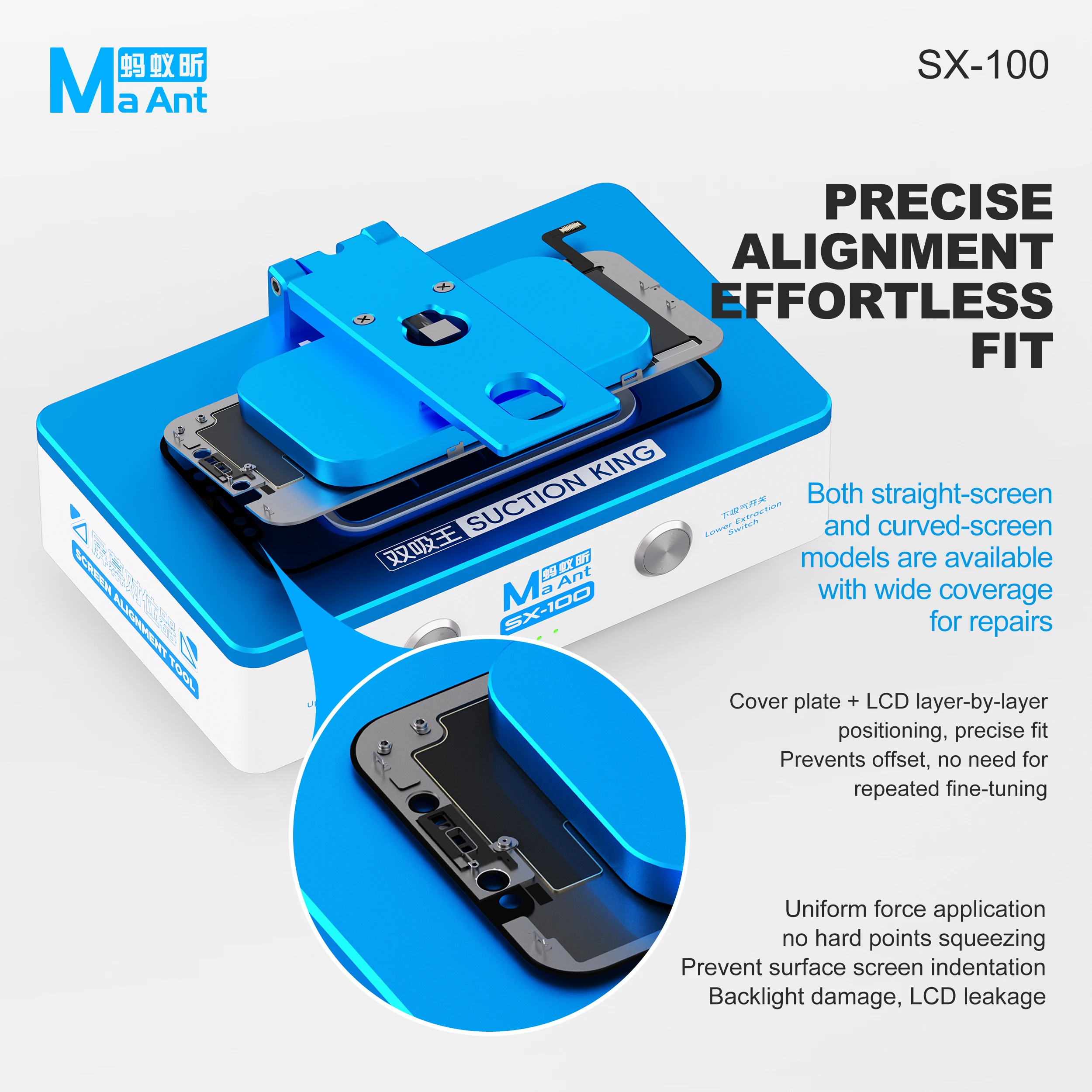 MaAnt SX‑100 Dual Vacuum Pump Screen Aligner,135° Foldable Fixture for iPhone Flat Curved LCD Display Repair Positioning Tool