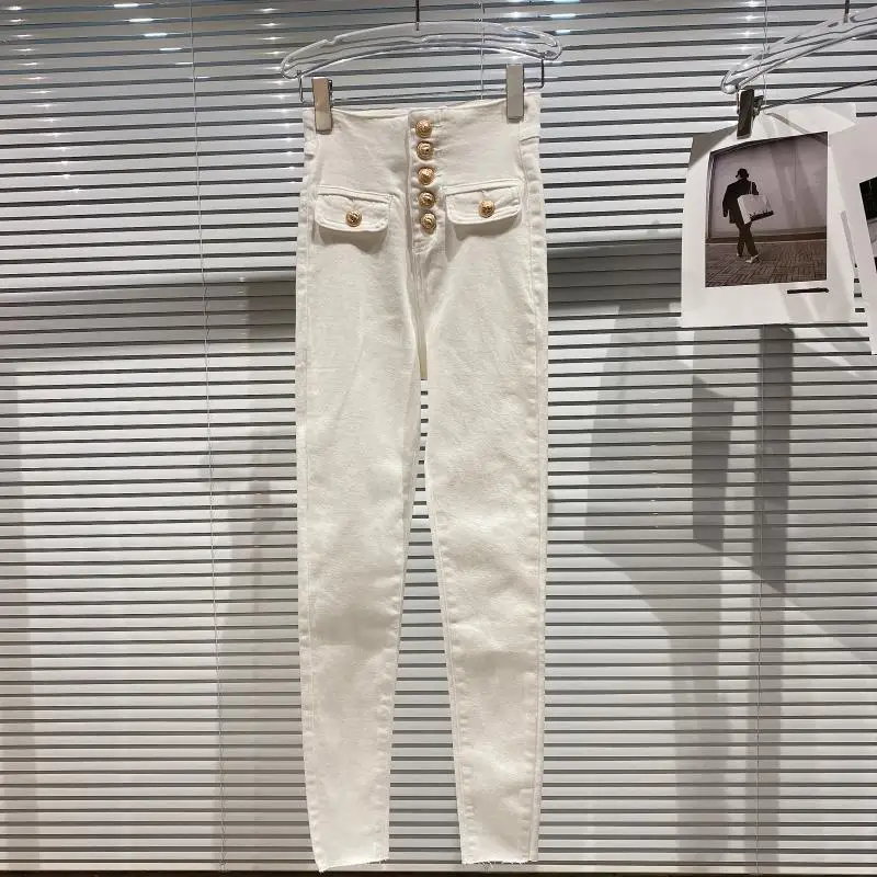2025 women high waist elastic pencil bottom jeans autumn new double pocket metal buckle temperament slimming pants