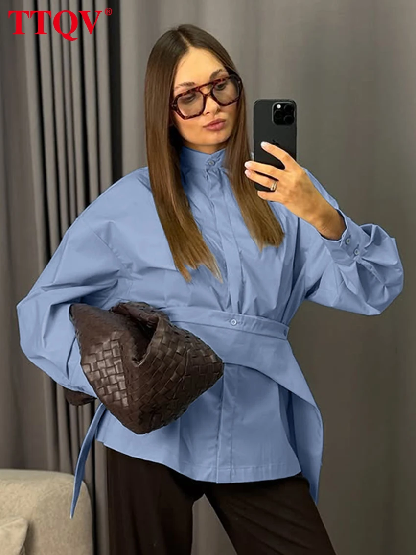 

TTQV Fashion Loose Blue Cotton Women Shirt 2026 Casual Stand Collar Long Sleeve Blouse Elegant Classic Solid Top Female Clothing