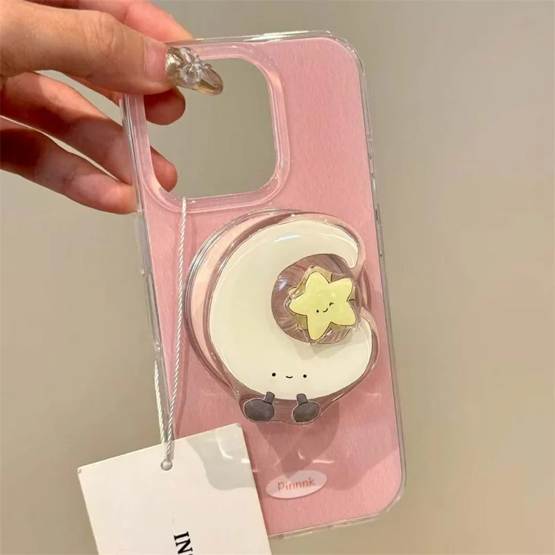 Magnetic pleated pink phone case with rotating star moon magnetic bracket for iPhone 11 12 13 14 15 16 pro max