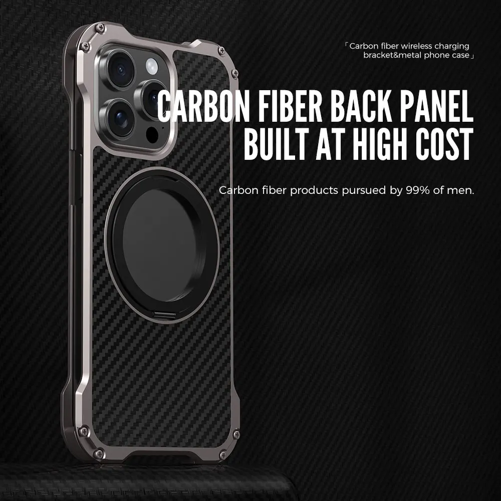 

Heavy Duty Carbon fiber Metal Protection Phone Case for iPhone 13 14 15 16 Pro Max 360 Rotating Magnetic Ring Wireless Charging