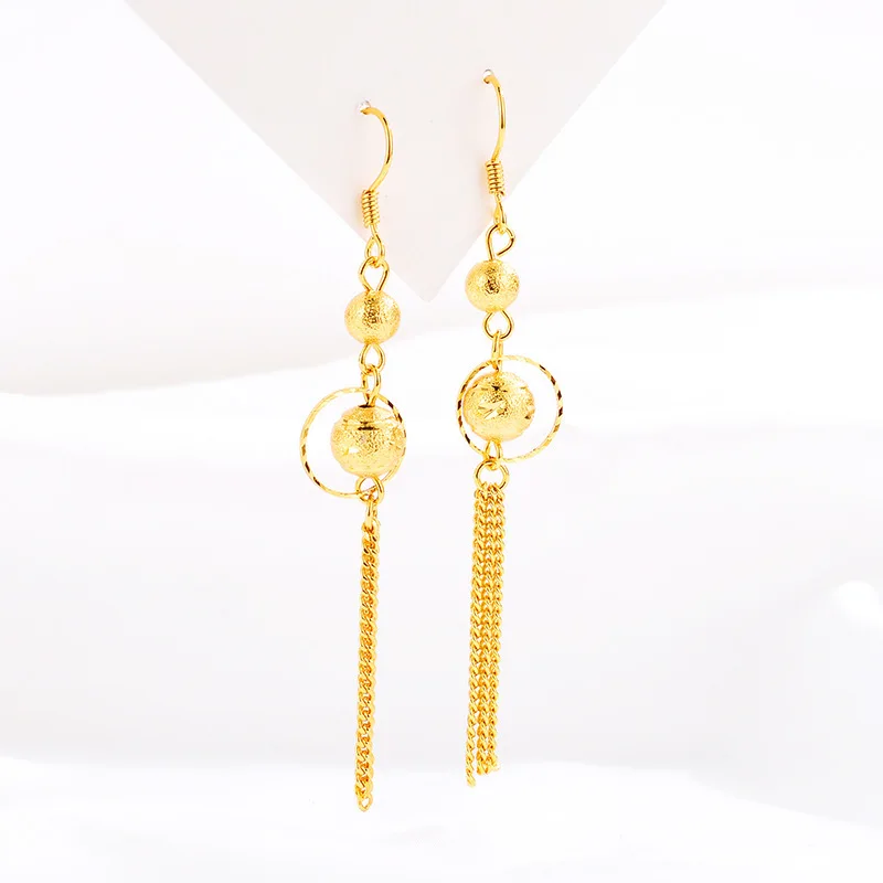 AU999 Gold Patterned Fortune Bead Earrings Gold Shop Wedding Jewelry 24K Pure Gold Goddess Tassel Earrings for Girlfriend Gift