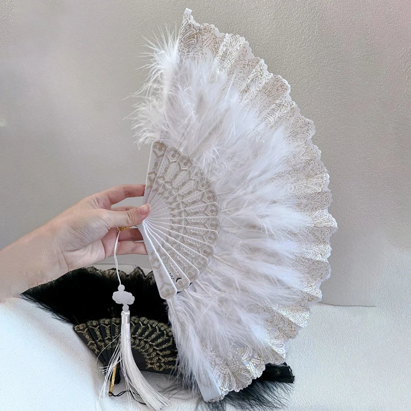 Feather Lace Folding Fan Chinese Style Foldable Fan Portable Personalized Crafts Gift Creative Wedding Party Home Decor