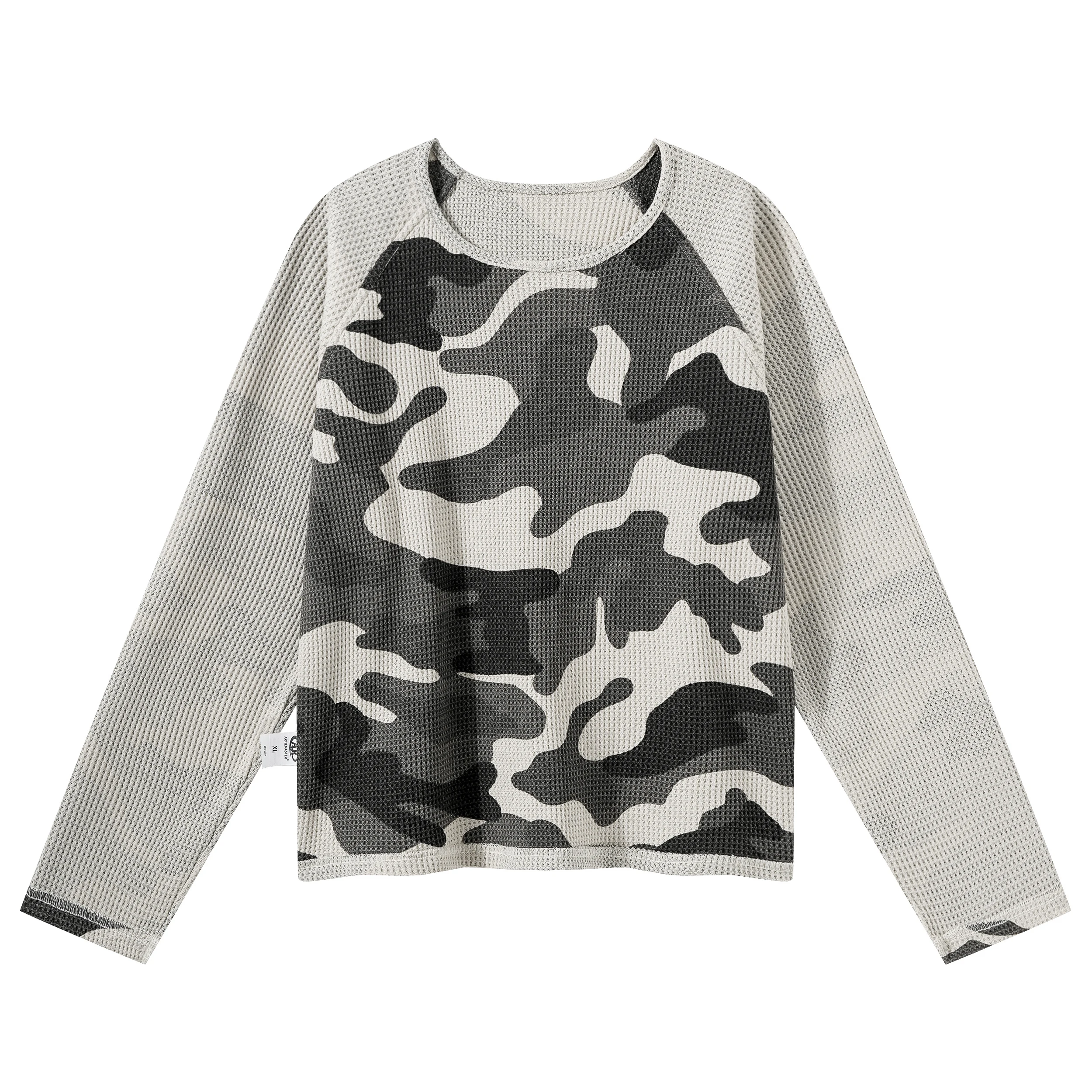 Camouflage Patchwork Long Sleeve Waffle Knit T Shirt Men Cropped Top Off Shoulder Reversible Tee Women Y2K Streetwear Top Camo