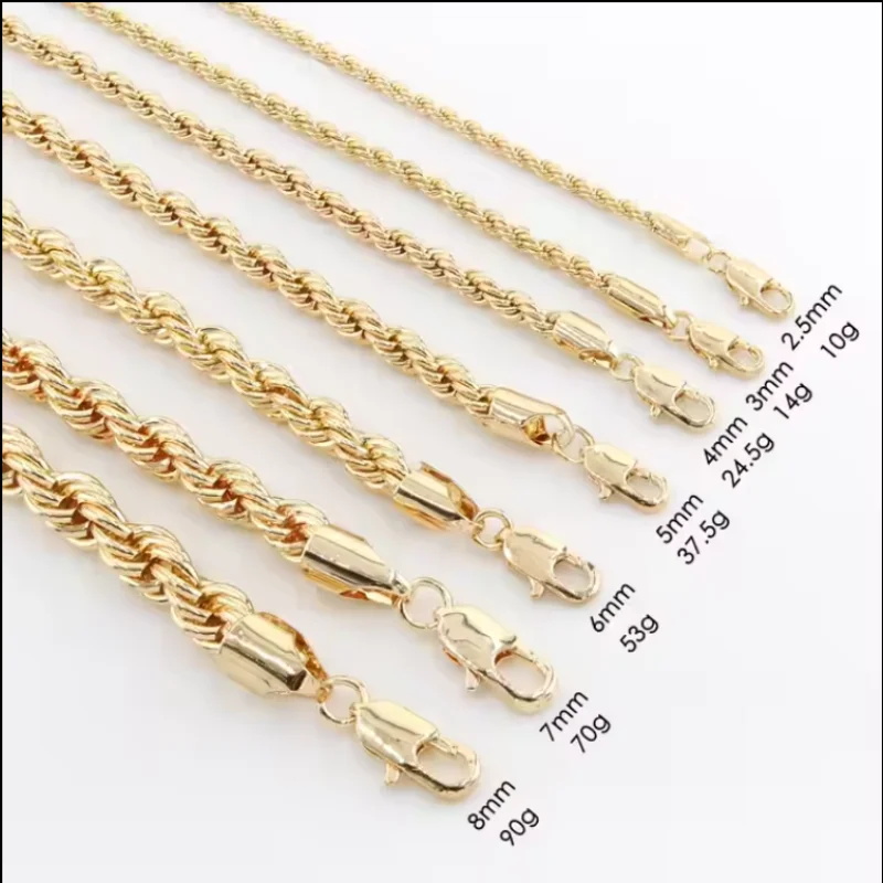 

Hip Hop Non Tarnish 2.5MM 3MM 4MM 5MM 8MM PVD 18K Gold Plated Twist Rope Link Necklace Copper Brass Chain Jewelry