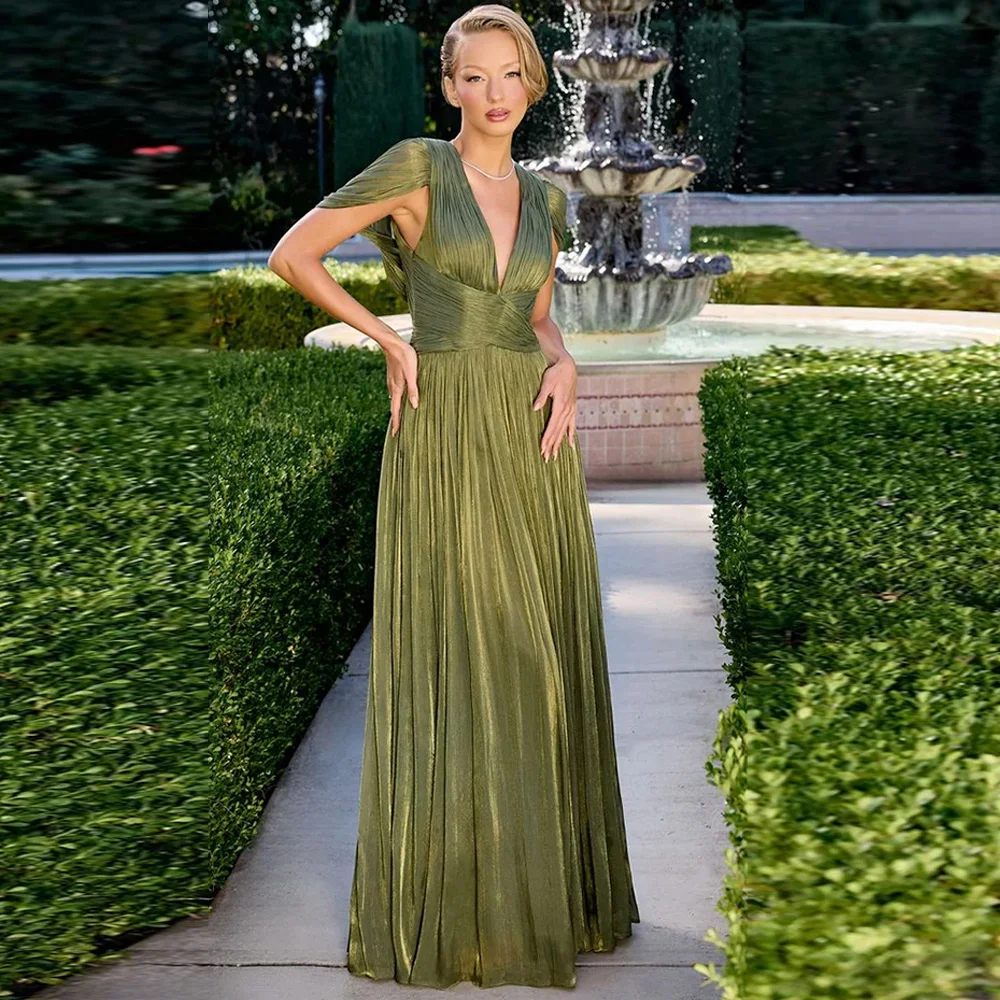 

Elegant V-Neck Evening Dress Customized A-Line Short Sleeves Backless Celebrity Gowns High Quality Sweep Train Party Dress