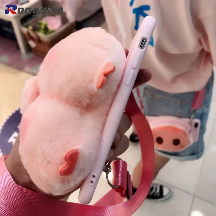 Cute Pig Plush Wallet Phone Case For iPhone 14 13 12 11 Pro Max Mini X XR XS Max 8 7 6 6s Plus SE 5 5S Cover Unicorn + Lanyard