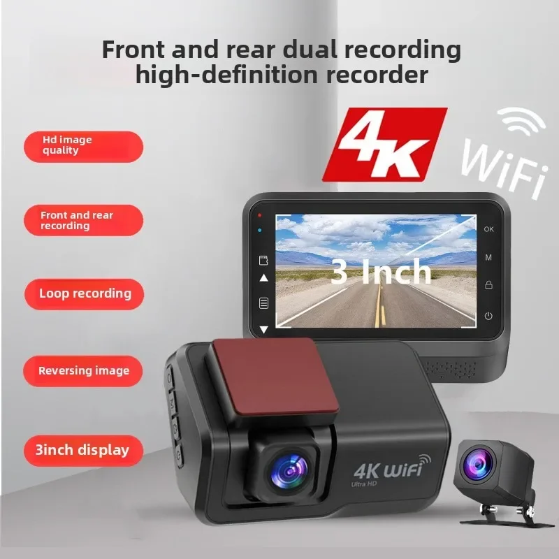 

4K UHD Wi-Fi Автомобильная видеорегистратор с двумя объективами и передними и задними камерами ночного видения 24-часовое парковочное наблюдение GPS-слежение Водонепроницаемая