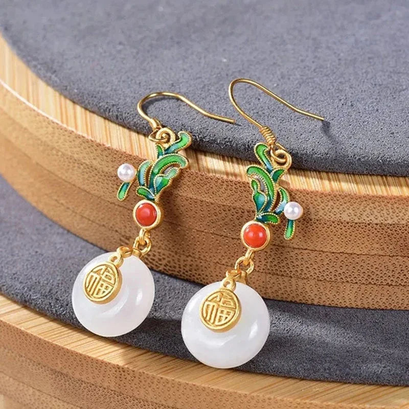 Original Design Enamel Porcelain Round Hetian Jade Pearl Earrings New in Classical Chinese Style Silver Jewelry for Women